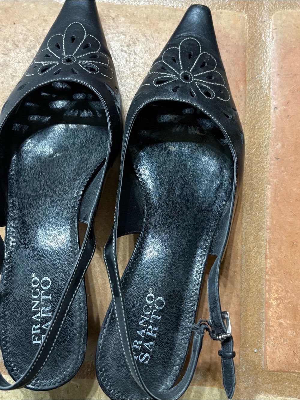 Franco Sarto Black Pointed Slingback Mules with Floral Cutouts